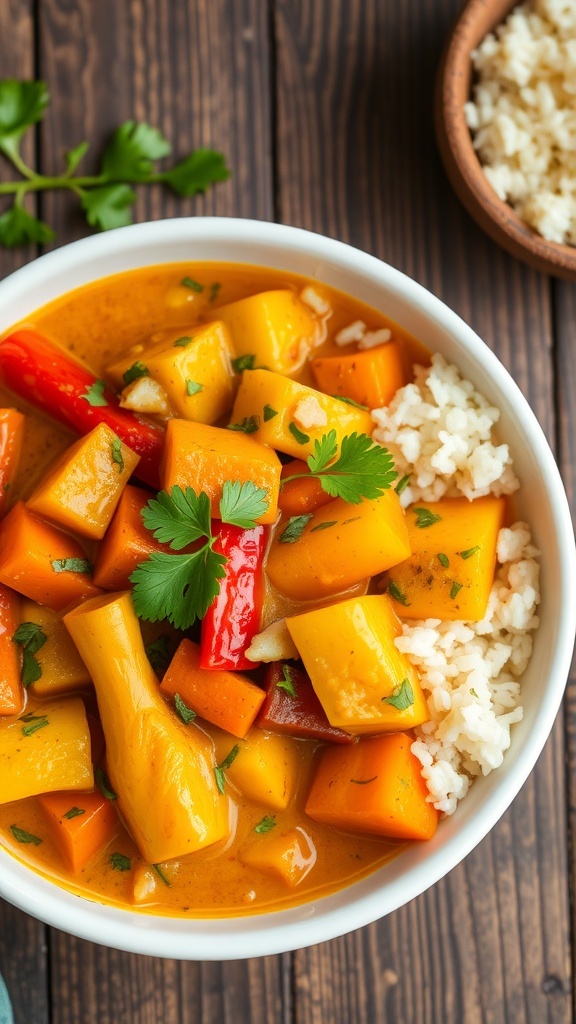 A colorful bowl of curry with mixed vegetables in coconut sauce, garnished with cilantro, served with rice on a wooden table.